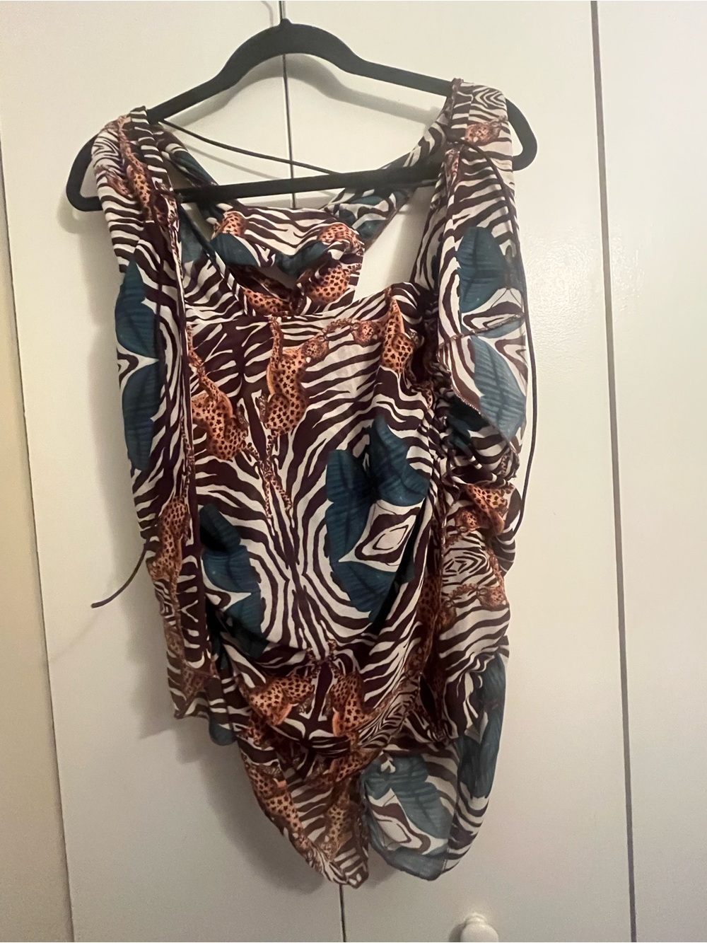 Musera Animal Print Draped Women’s Top in Brown and Teal. M. Whimsy. Boho.